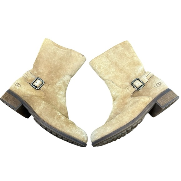 UGG Keppler Chestnut Suede Sheepskin Buckle Moto Short Boots Size US 9.5 Womens - Picture 3 of 10